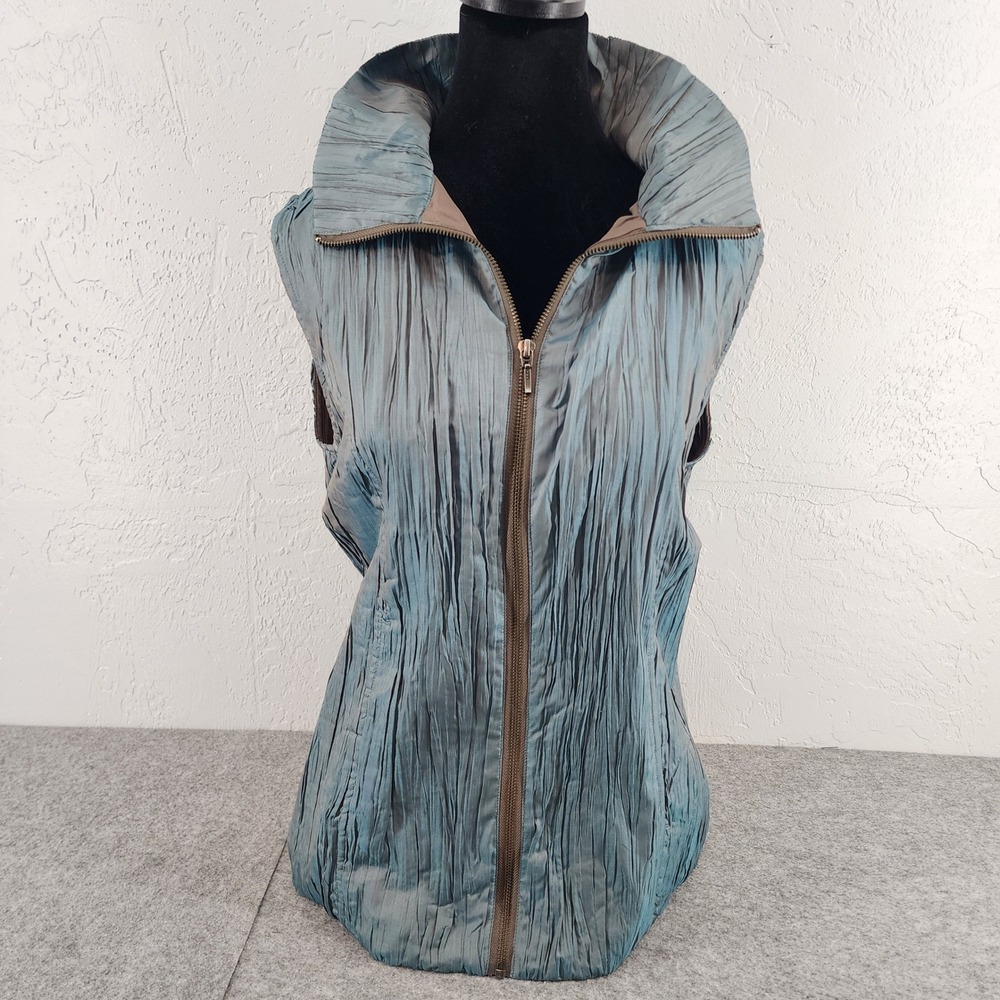 Chico's 2‎ Large Teal Crinkle Pleated Full Zip Vest Sleeveless Mock Neck Womens